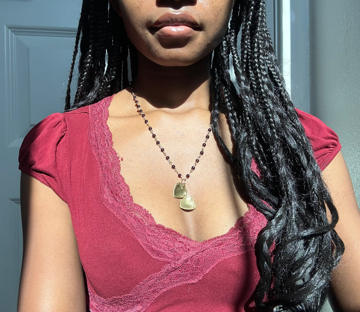 Garnet Glass Beaded Locket Necklace