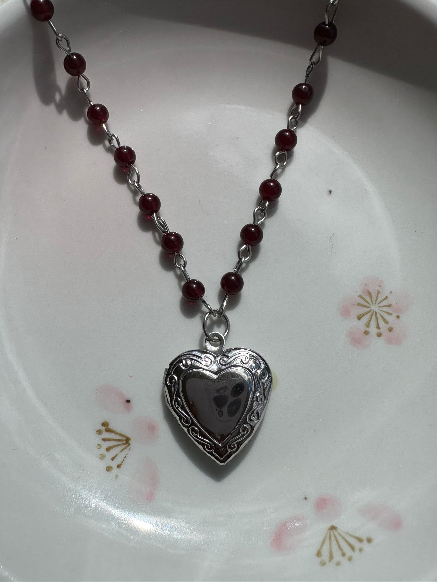 Garnet Glass Beaded Locket Necklace