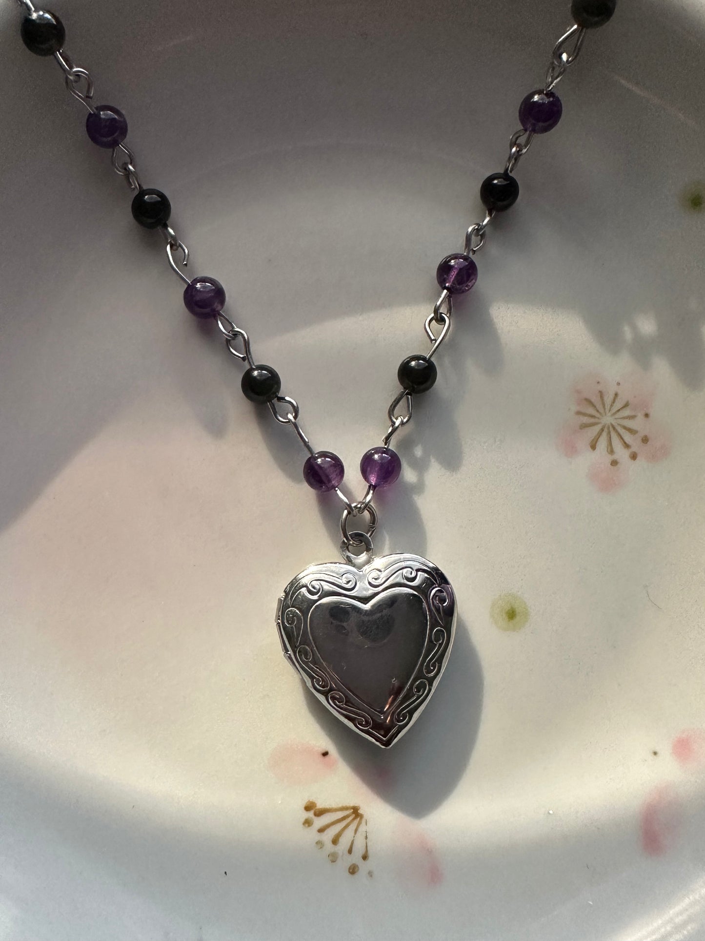 Purple and Black Beaded Locket Necklace