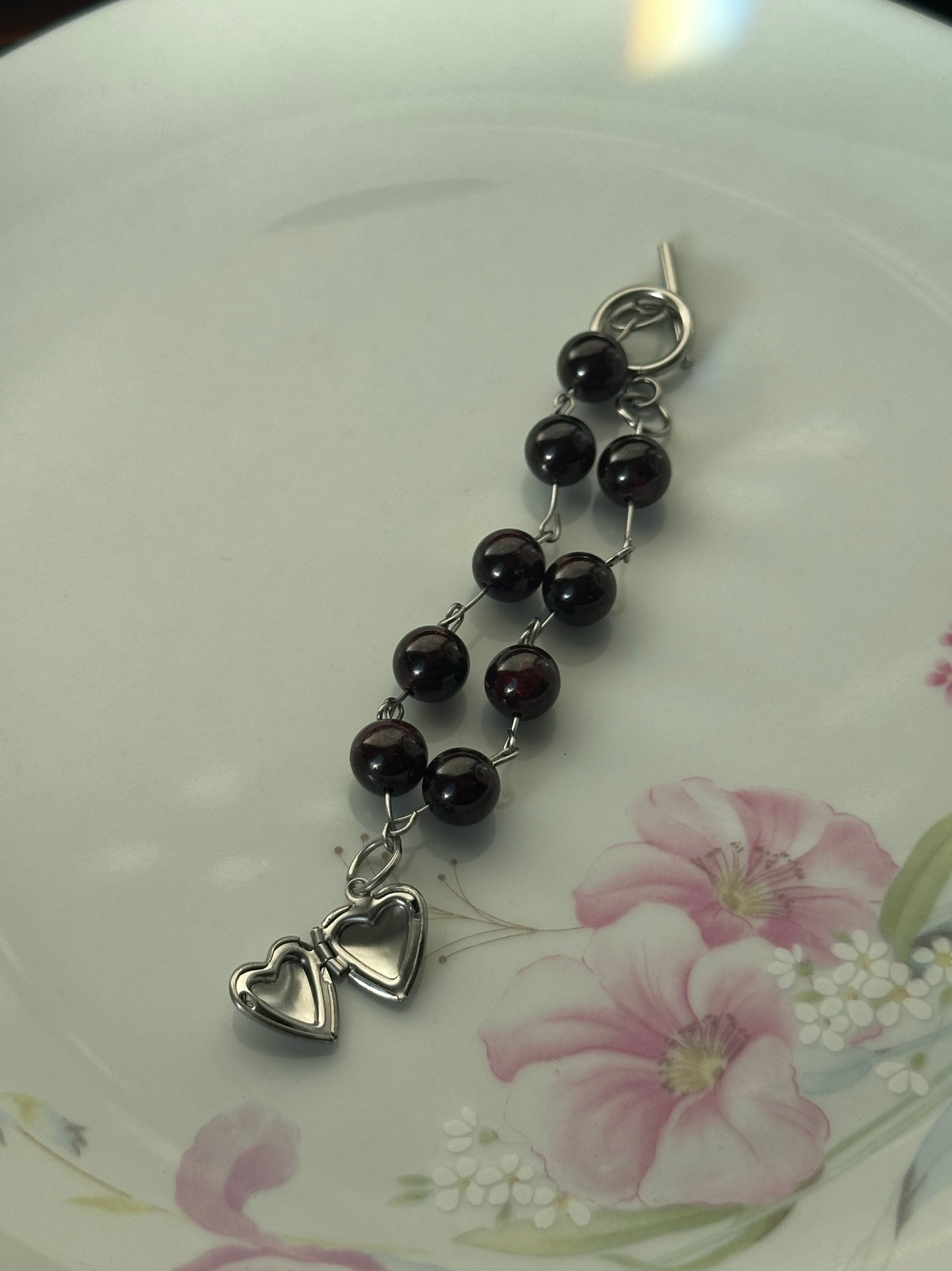 Dark Red Garnet Beaded Locket Bracelet