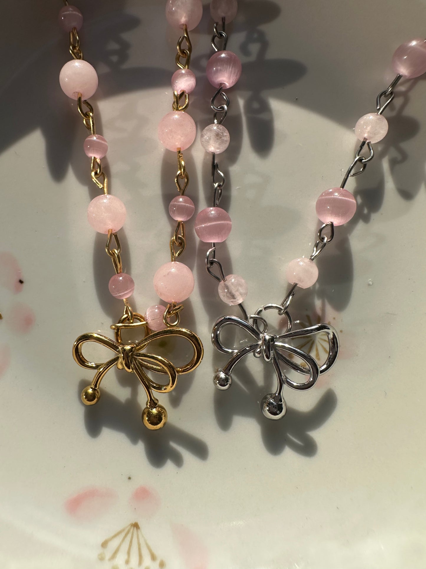 Beaded Pink Crystal Bow Necklace