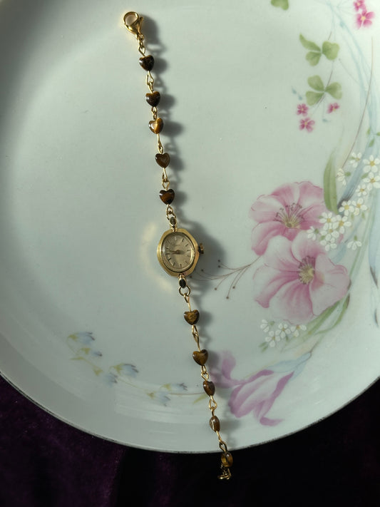 Beaded Heart Tiger's Eye Wire Watch