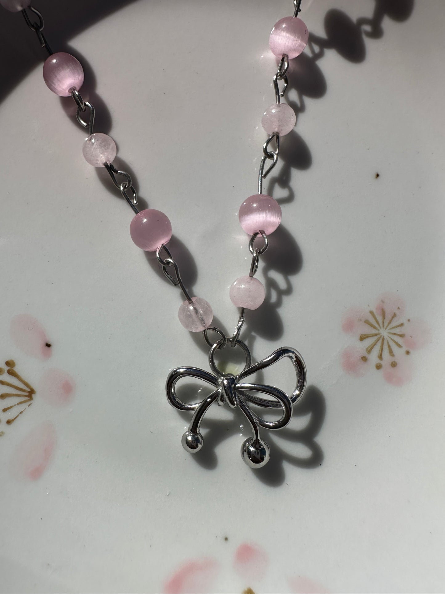 Beaded Pink Crystal Bow Necklace
