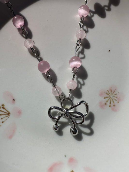 Beaded Pink Crystal Bow Necklace