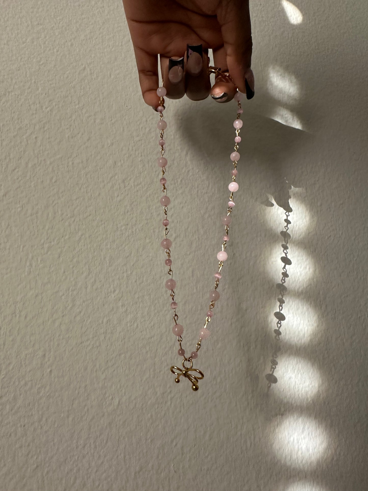 Beaded Pink Crystal Bow Necklace