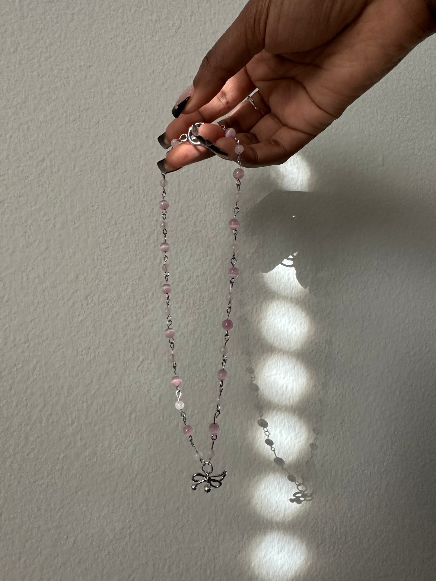 Beaded Pink Crystal Bow Necklace