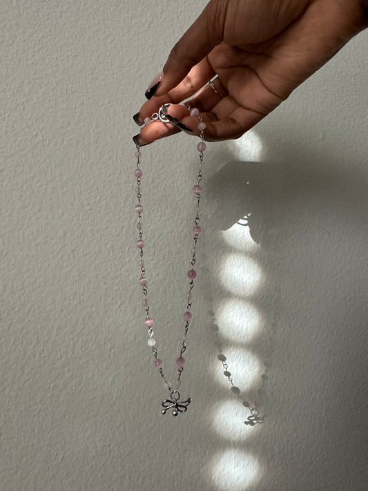 Beaded Pink Crystal Bow Necklace