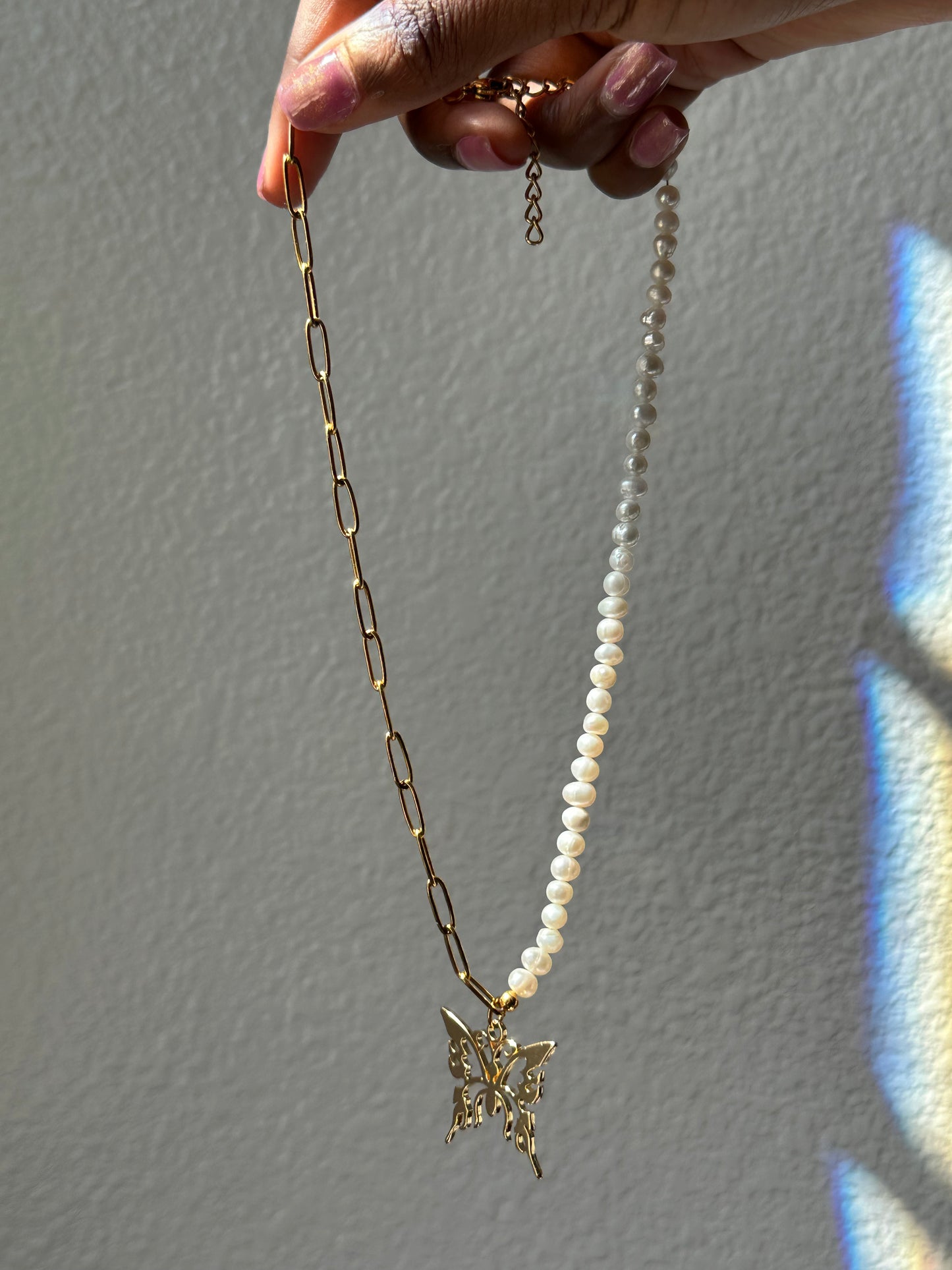 Half Pearl Half Chain Butterfly Necklace