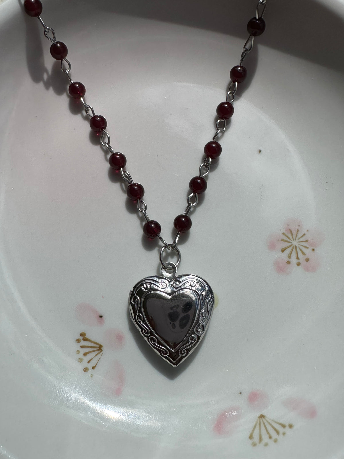 Garnet Beaded Locket Necklace