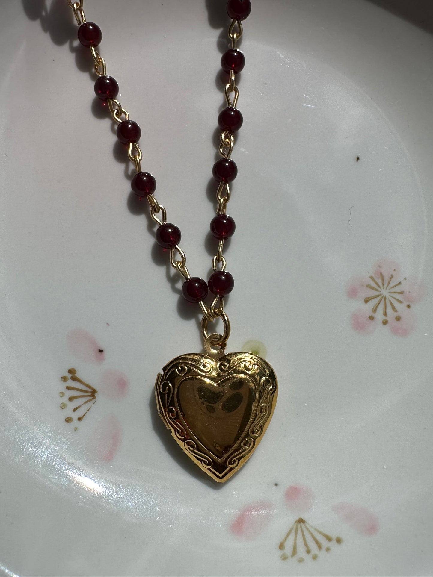 Garnet Glass Beaded Locket Necklace