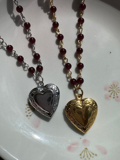 Garnet Glass Beaded Locket Necklace