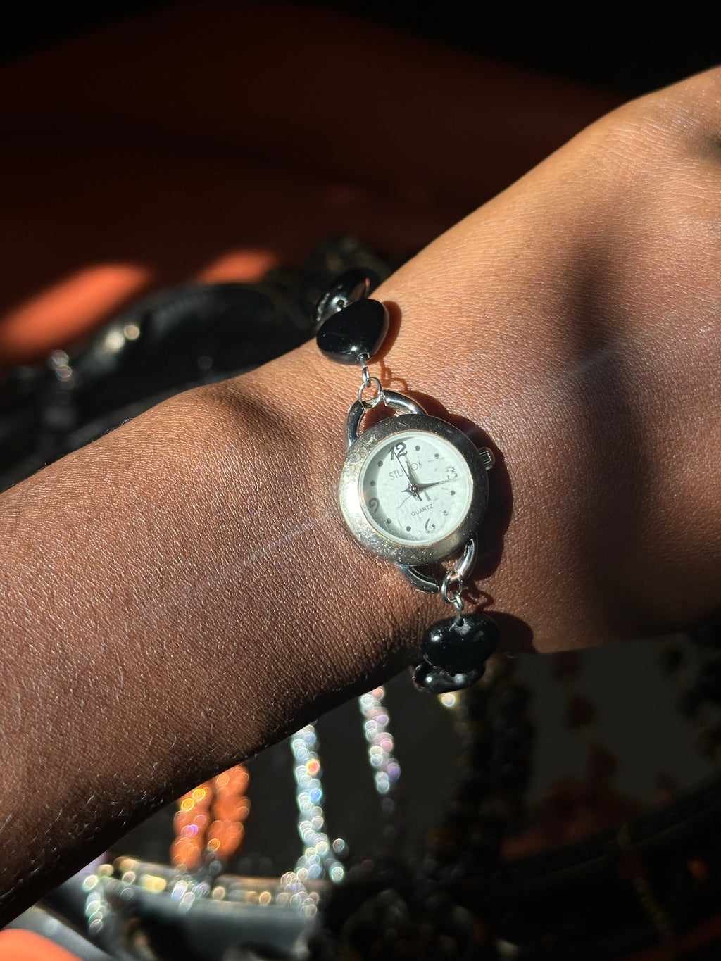 Silver Obsidian Heart Beaded Watch