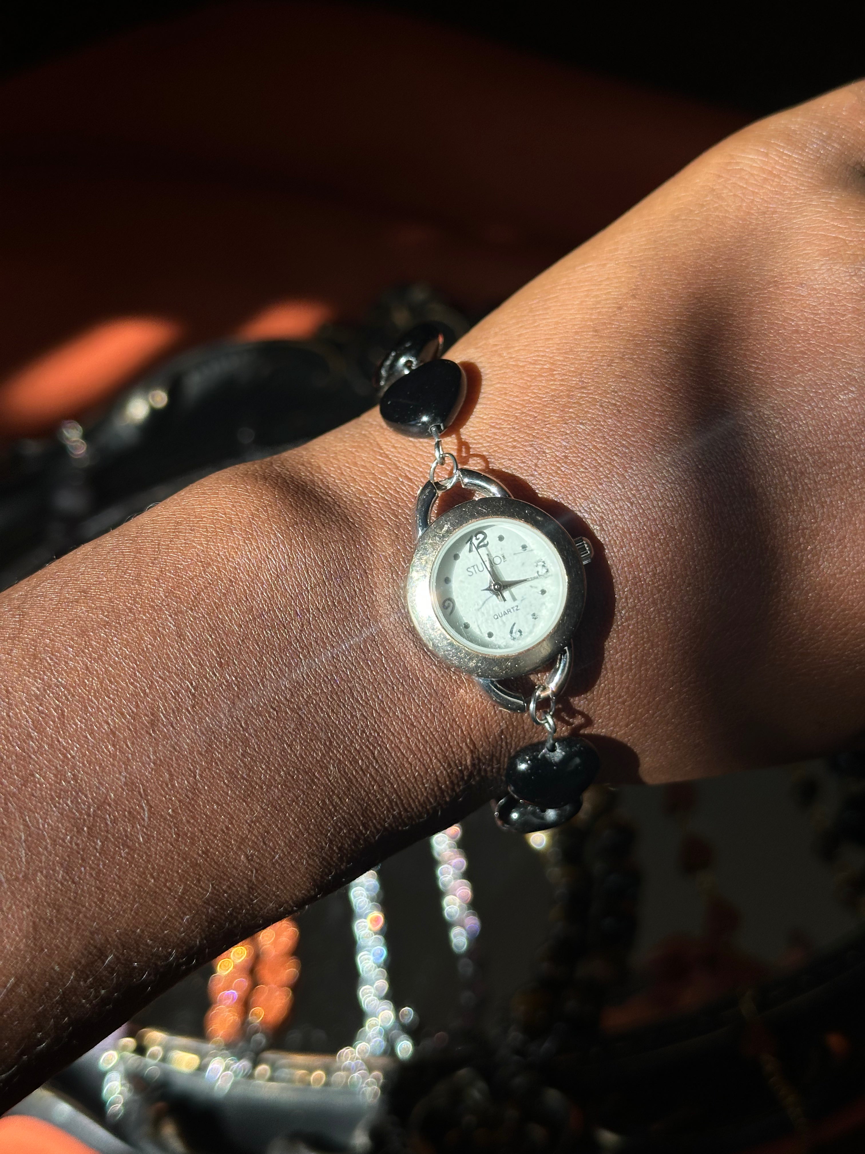 Silver Obsidian Heart Beaded Watch