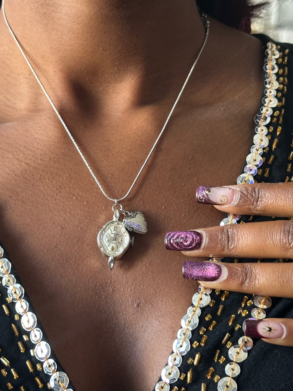 Silver Locket Charm watch Necklace