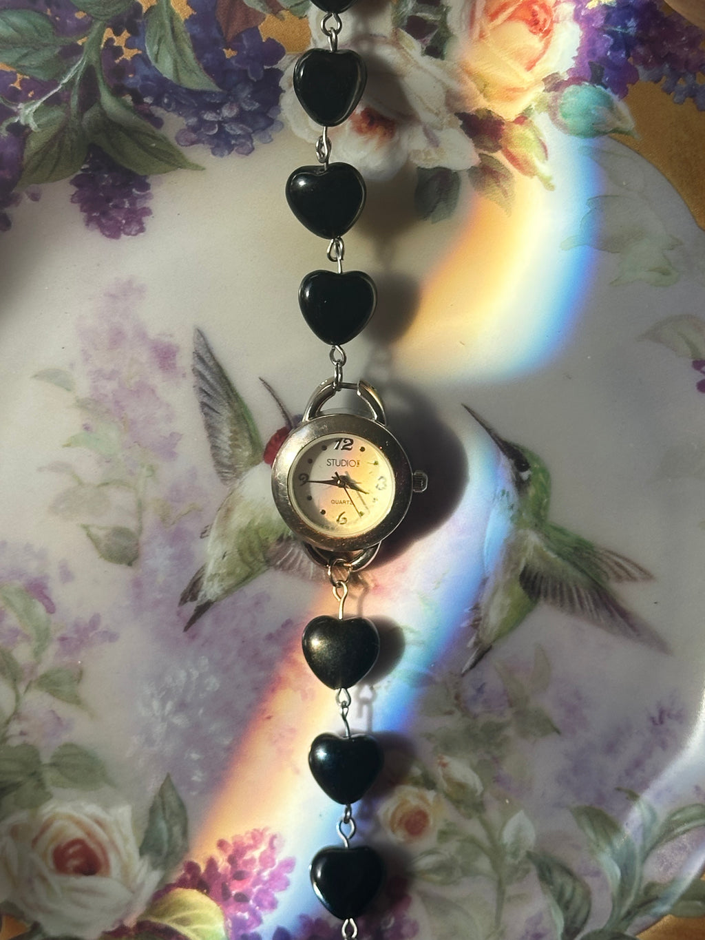 Silver Obsidian Heart Beaded Watch