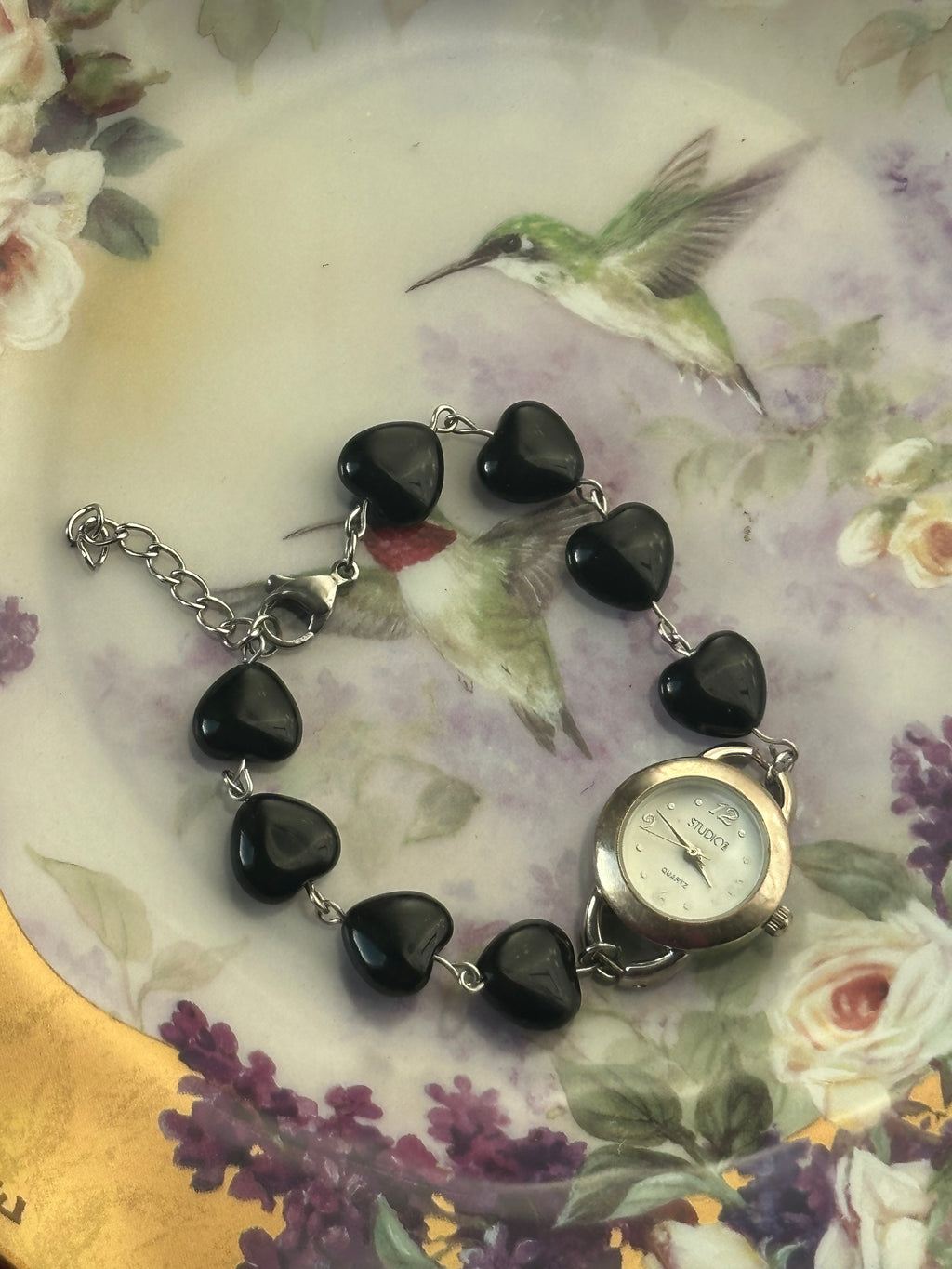 Silver Obsidian Heart Beaded Watch