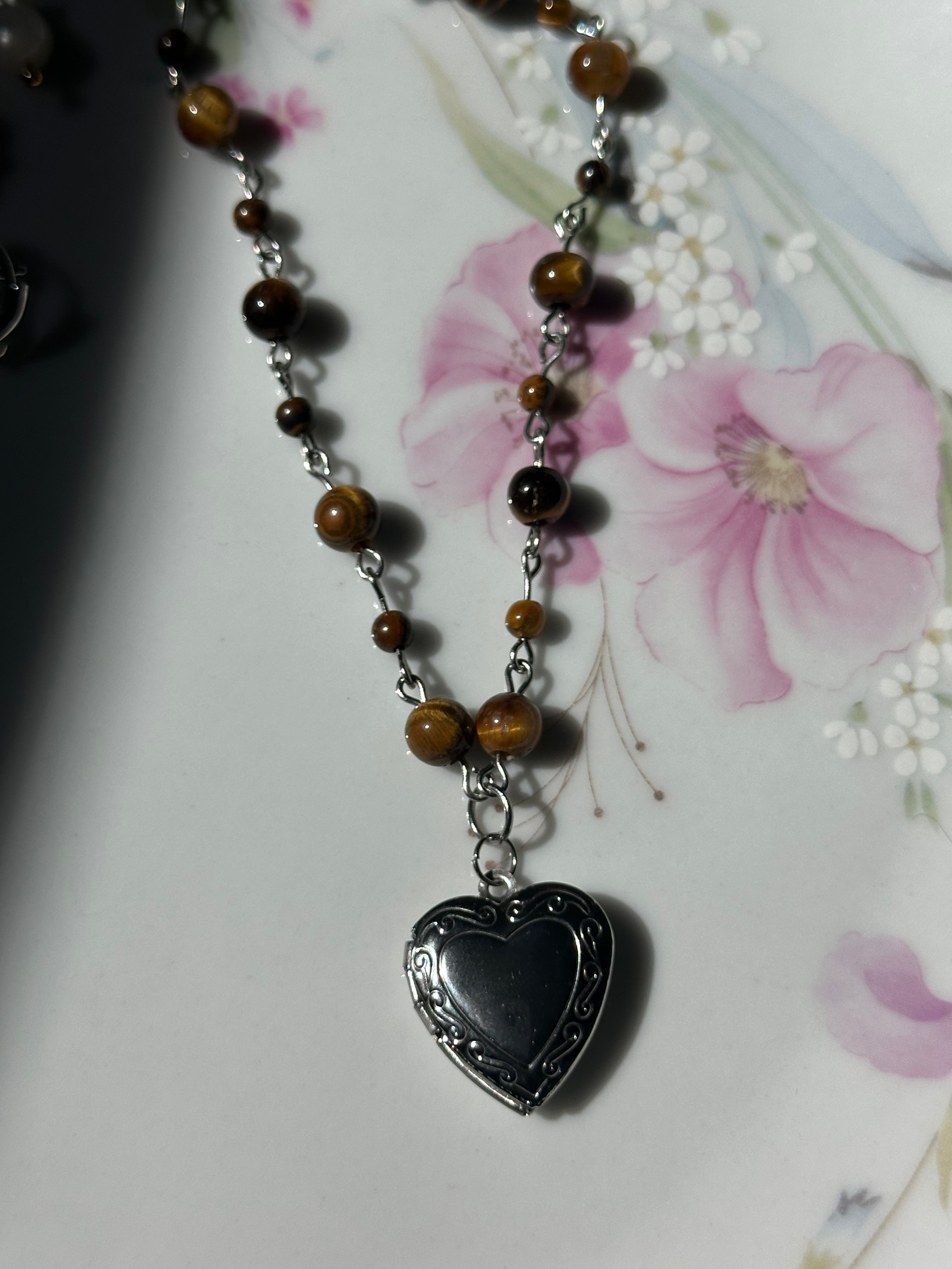 Tiger's Eye Beaded Locket Necklace