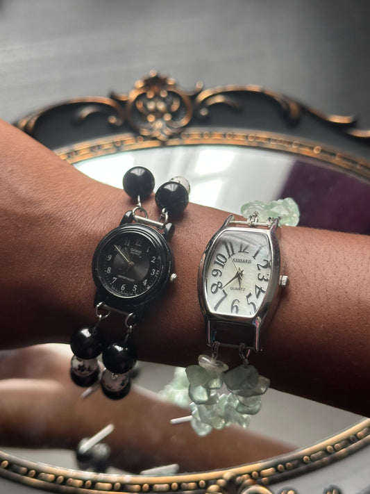 Black Obsidian and Floral Beaded Watch