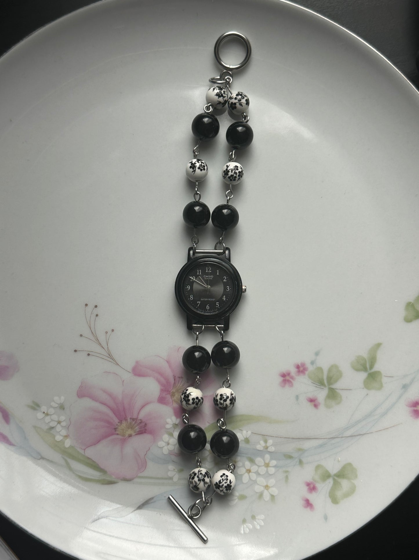 Black Obsidian and Floral Beaded Watch