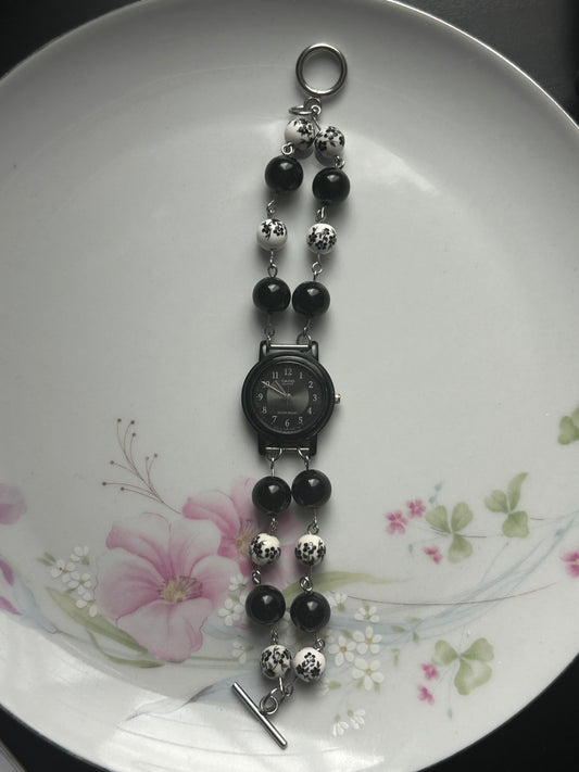 Black Obsidian and Floral Beaded Watch