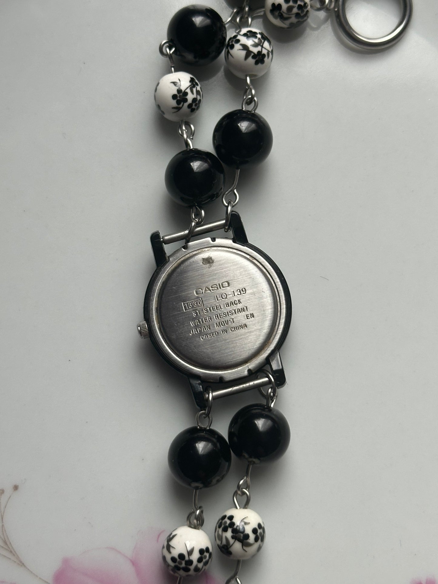 Black Obsidian and Floral Beaded Watch