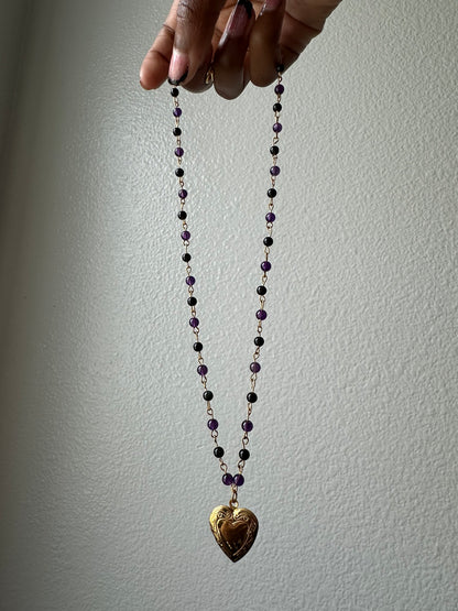 Purple and Black Beaded Locket Necklace