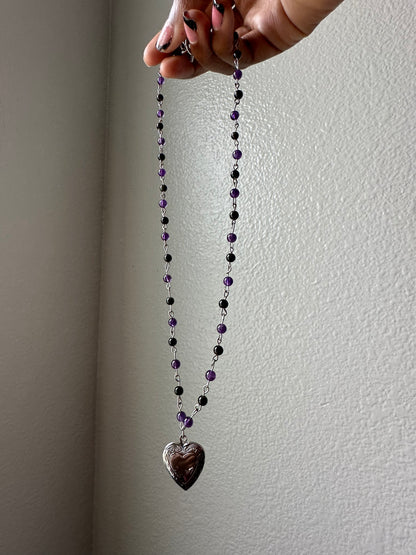 Purple and Black Beaded Locket Necklace