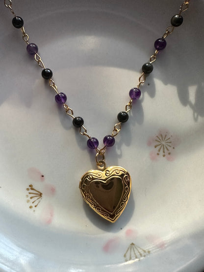 Purple and Black Beaded Locket Necklace
