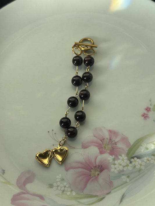 Dark Red Garnet Beaded Locket Bracelet