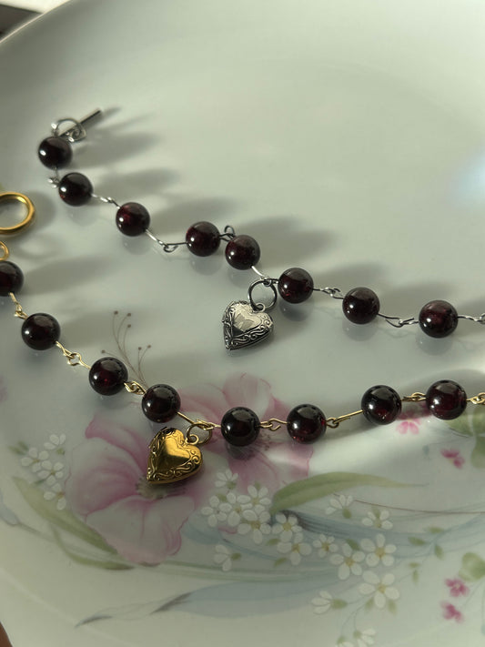Dark Red Garnet Beaded Locket Bracelet