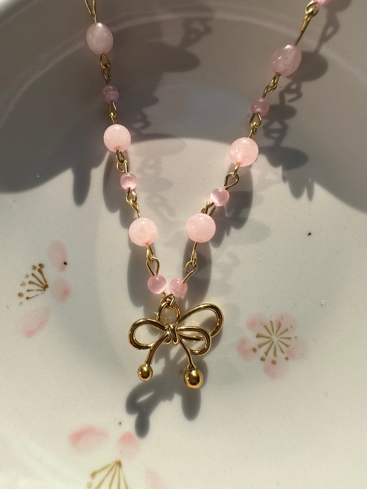 Beaded Pink Crystal Bow Necklace