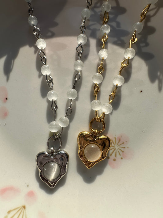 Cat Eye Glass Heart Necklace