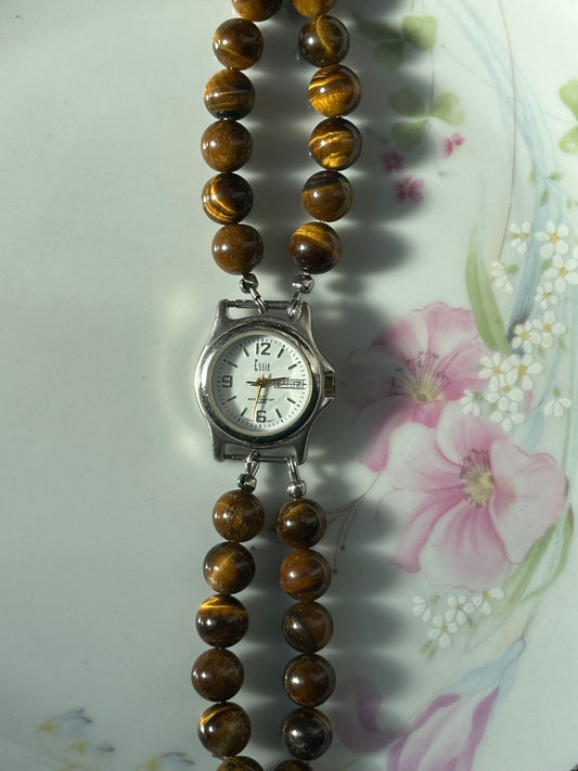 Silver Tiger's Eye Beaded Watch