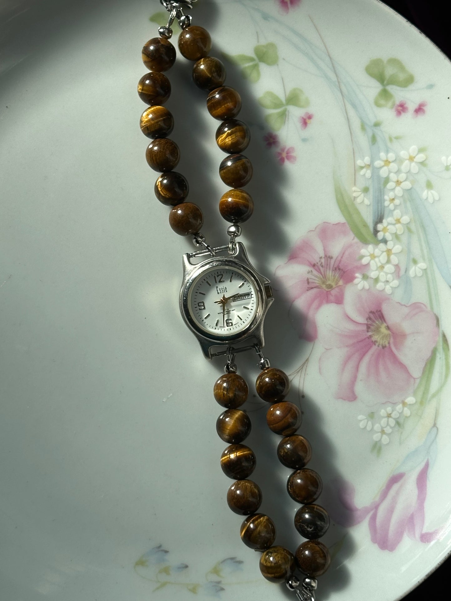 Silver Tiger's Eye Beaded Watch