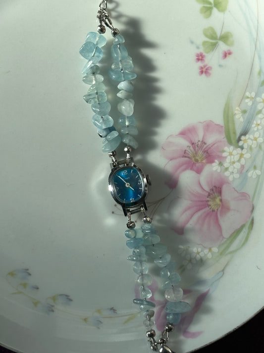 Aquamarine Chipped Beaded 2 Strand Watch