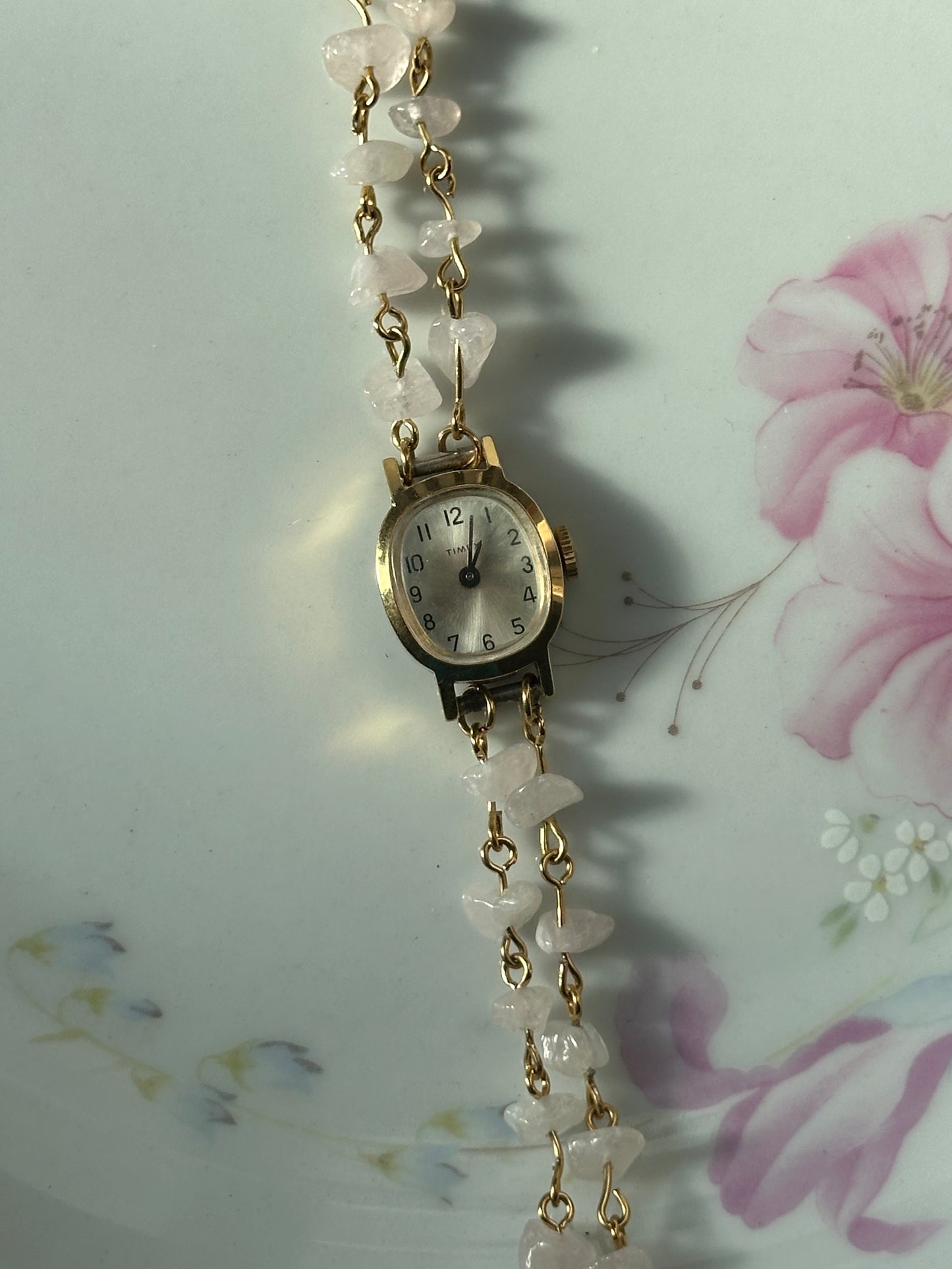 Gold Rose Quartz 2 Strand Chipped beaded Watch