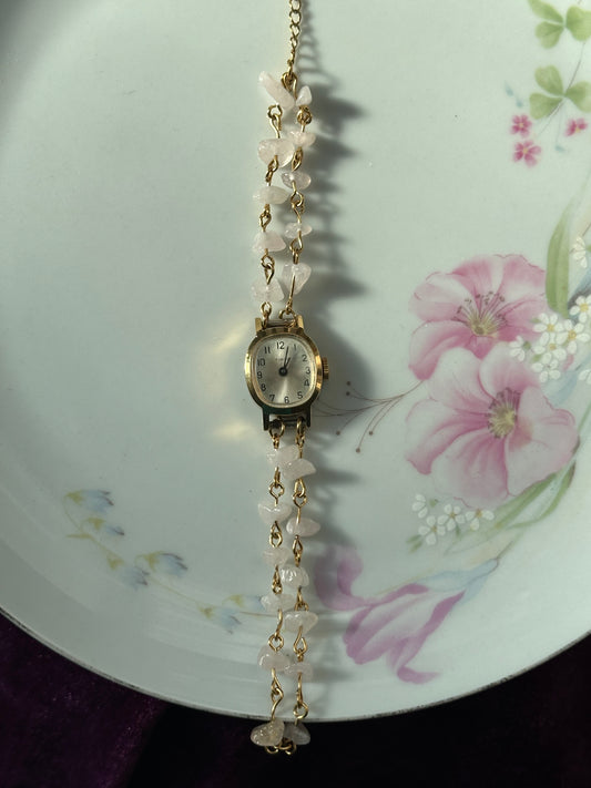 Gold Rose Quartz 2 Strand Chipped beaded Watch