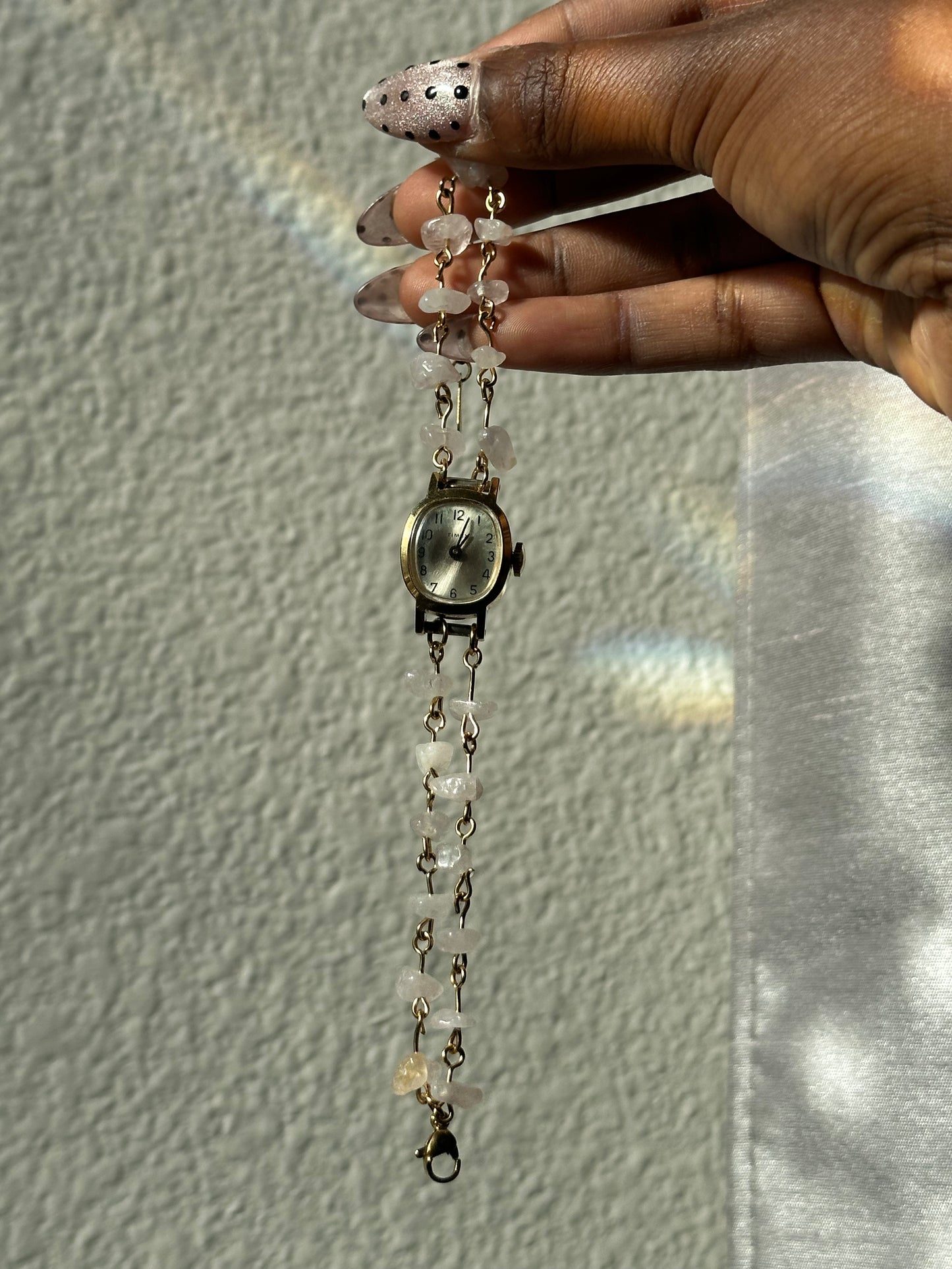 Gold Rose Quartz 2 Strand Chipped beaded Watch