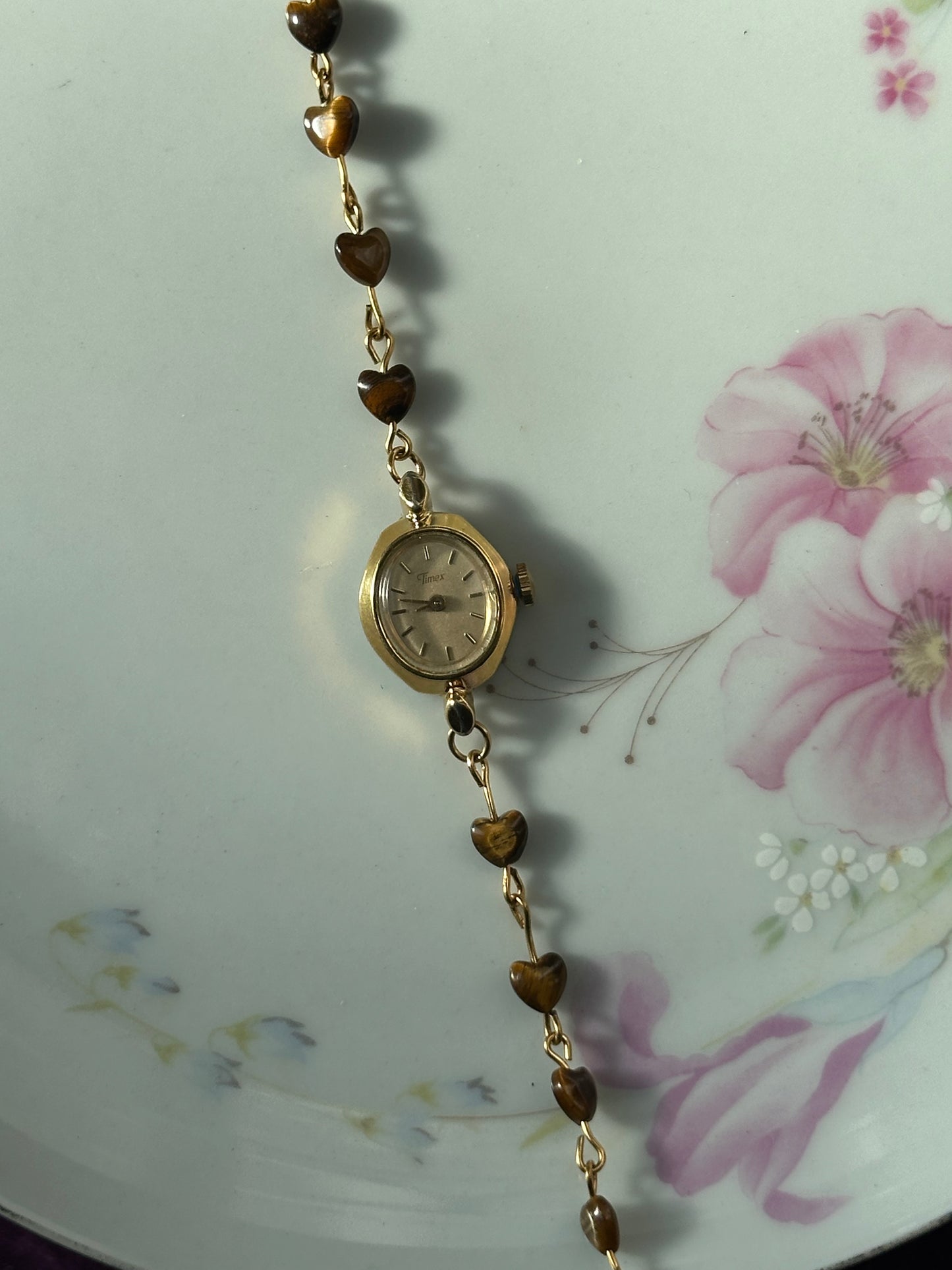 Beaded Heart Tiger's Eye Wire Watch