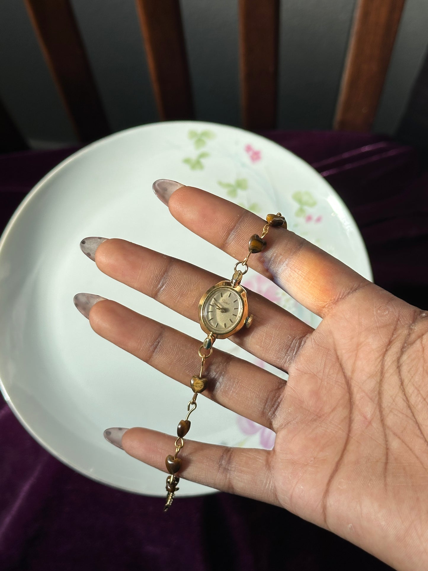 Beaded Heart Tiger's Eye Wire Watch