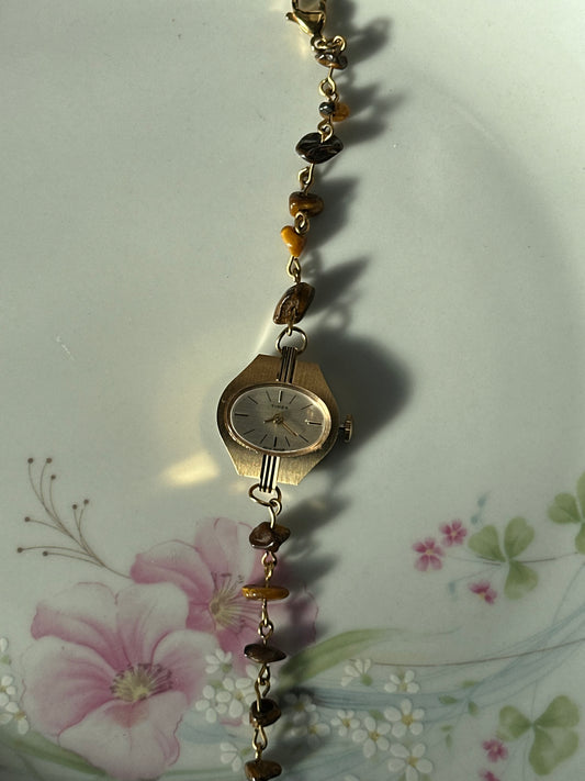 Vintage 1970's Timex Tiger's Eye Beaded Watch