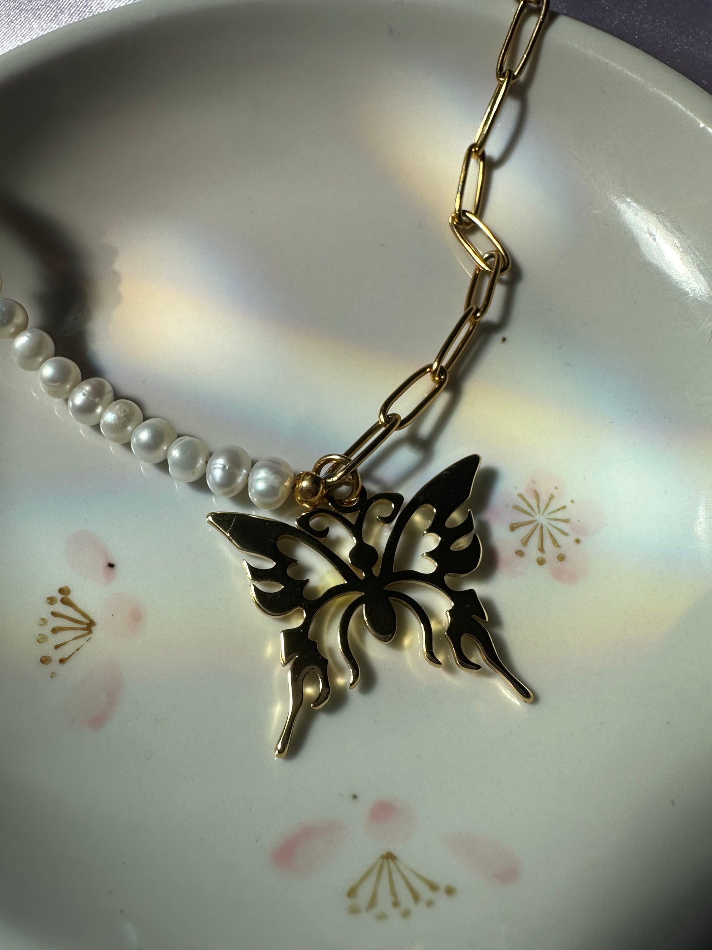 Half Pearl Half Chain Butterfly Necklace